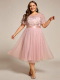 A-Line Plus Size Scoop Neck Tulle Midi Junior Bridesmaid Dress with Appliques