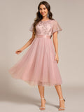 A-Line Empire-Waist Tulle Midi Bridesmaid Dress with Short Sleeves