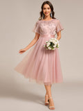 A-Line Empire-Waist Tulle Midi Bridesmaid Dress with Short Sleeves