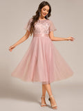 A-Line Empire-Waist Tulle Midi Bridesmaid Dress with Short Sleeves