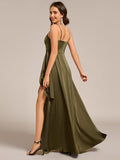 A-Line V-Neck Spaghetti Straps Pleats Satin Bridesmaid Dress with Slit