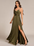 A-Line V-Neck Spaghetti Straps Pleats Satin Bridesmaid Dress with Slit