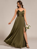 A-Line V-Neck Spaghetti Straps Pleats Satin Bridesmaid Dress with Slit