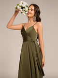 A-Line V-Neck Spaghetti Straps Pleats Satin Bridesmaid Dress with Slit