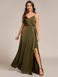 A-Line V-Neck Spaghetti Straps Pleats Satin Bridesmaid Dress with Slit