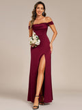 Off Shoulder Sheath Short Sleeve Split Satin Bridesmaid Dress with Back-Tie