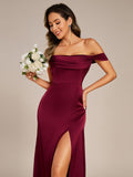 Off Shoulder Sheath Short Sleeve Split Satin Bridesmaid Dress with Back-Tie