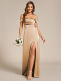 Off Shoulder Sheath Short Sleeve Split Satin Bridesmaid Dress with Back-Tie