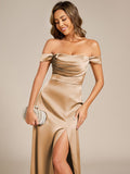 Off Shoulder Sheath Short Sleeve Split Satin Bridesmaid Dress with Back-Tie