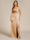 Off Shoulder Sheath Short Sleeve Split Satin Bridesmaid Dress with Back-Tie