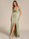 Off Shoulder Sheath Short Sleeve Split Satin Bridesmaid Dress with Back-Tie