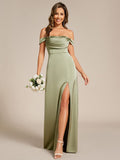 Off Shoulder Sheath Short Sleeve Split Satin Bridesmaid Dress with Back-Tie