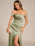 Off Shoulder Sheath Short Sleeve Split Satin Bridesmaid Dress with Back-Tie