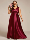 Plus Size A-Line V-Neck Satin Empire-Waist Bridesmaid Dress with Pockets