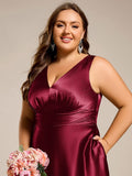 Plus Size A-Line V-Neck Satin Empire-Waist Bridesmaid Dress with Pockets