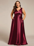 Plus Size A-Line V-Neck Satin Empire-Waist Bridesmaid Dress with Pockets