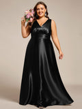 Plus Size A-Line V-Neck Satin Empire-Waist Bridesmaid Dress with Pockets