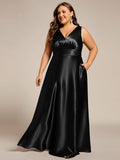 Plus Size A-Line V-Neck Satin Empire-Waist Bridesmaid Dress with Pockets