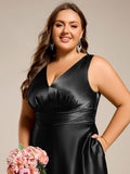 Plus Size A-Line V-Neck Satin Empire-Waist Bridesmaid Dress with Pockets