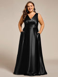 Plus Size A-Line V-Neck Satin Empire-Waist Bridesmaid Dress with Pockets
