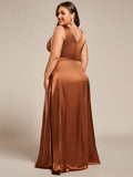Plus Size A-Line V-Neck Satin Empire-Waist Bridesmaid Dress with Pockets