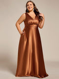 Plus Size A-Line V-Neck Satin Empire-Waist Bridesmaid Dress with Pockets