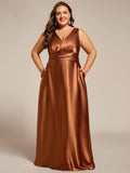 Plus Size A-Line V-Neck Satin Empire-Waist Bridesmaid Dress with Pockets