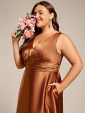 Plus Size A-Line V-Neck Satin Empire-Waist Bridesmaid Dress with Pockets