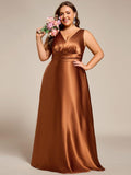 Plus Size A-Line V-Neck Satin Empire-Waist Bridesmaid Dress with Pockets