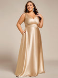 Plus Size A-Line V-Neck Satin Empire-Waist Bridesmaid Dress with Pockets