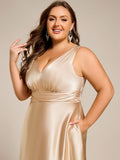 Plus Size A-Line V-Neck Satin Empire-Waist Bridesmaid Dress with Pockets