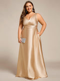 Plus Size A-Line V-Neck Satin Empire-Waist Bridesmaid Dress with Pockets