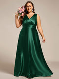 Plus Size A-Line V-Neck Satin Empire-Waist Bridesmaid Dress with Pockets
