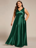 Plus Size A-Line V-Neck Satin Empire-Waist Bridesmaid Dress with Pockets