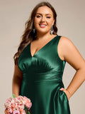 Plus Size A-Line V-Neck Satin Empire-Waist Bridesmaid Dress with Pockets