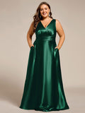 Plus Size A-Line V-Neck Satin Empire-Waist Bridesmaid Dress with Pockets