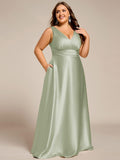 Plus Size A-Line V-Neck Satin Empire-Waist Bridesmaid Dress with Pockets