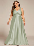 Plus Size A-Line V-Neck Satin Empire-Waist Bridesmaid Dress with Pockets