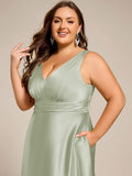 Plus Size A-Line V-Neck Satin Empire-Waist Bridesmaid Dress with Pockets