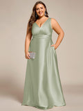 Plus Size A-Line V-Neck Satin Empire-Waist Bridesmaid Dress with Pockets