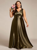 Plus Size A-Line V-Neck Satin Empire-Waist Bridesmaid Dress with Pockets