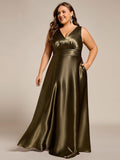Plus Size A-Line V-Neck Satin Empire-Waist Bridesmaid Dress with Pockets