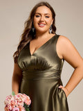 Plus Size A-Line V-Neck Satin Empire-Waist Bridesmaid Dress with Pockets