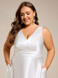 Plus Size A-Line V-Neck Satin Empire-Waist Bridesmaid Dress with Pockets