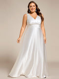Plus Size A-Line V-Neck Satin Empire-Waist Bridesmaid Dress with Pockets