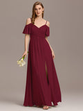 A-Line Off-Shoulder Ruched High Split Chiffon Bridesmaid Dress