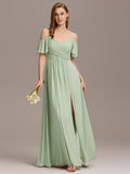 A-Line Off-Shoulder Ruched High Split Chiffon Bridesmaid Dress