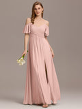 A-Line Off-Shoulder Ruched High Split Chiffon Bridesmaid Dress