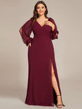 A-Line Plus Size Long Sleeves V-Neck Side Slit Bridesmaid Dress