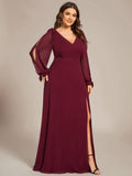 A-Line Plus Size Long Sleeves V-Neck Side Slit Bridesmaid Dress